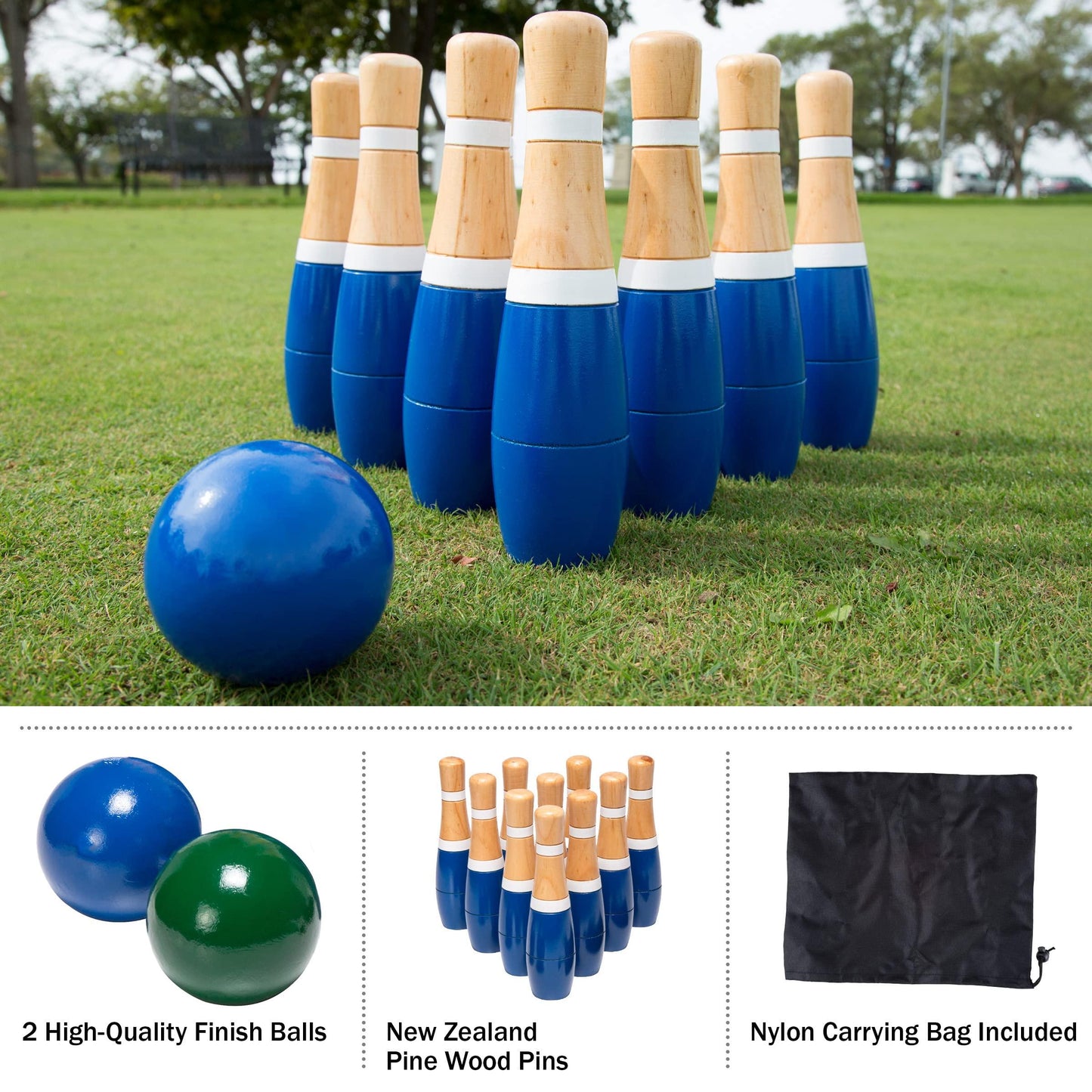 Backyard Lawn Bowling Game – Indoor and Outdoor Family Fun for Kids and Adults – 10 Wooden Pins, 2 Balls, and Mesh Carrying Bag by Hey! Play! (8-Inch), Blue & White - CookCave