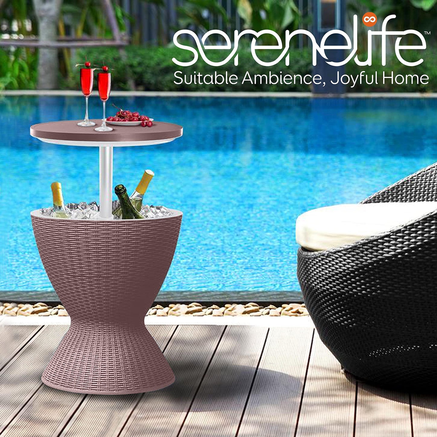 SereneLife Outdoor Cool Bar Table, 7.5 Gallon Beer and Wine Cooler, Patio Furniture & Hot Tub Side Table, Beverage Cooler, All-Weather Resistant Ice Cool Bar, Rattan Style Patio, Cocktail Bar (Grey) - CookCave