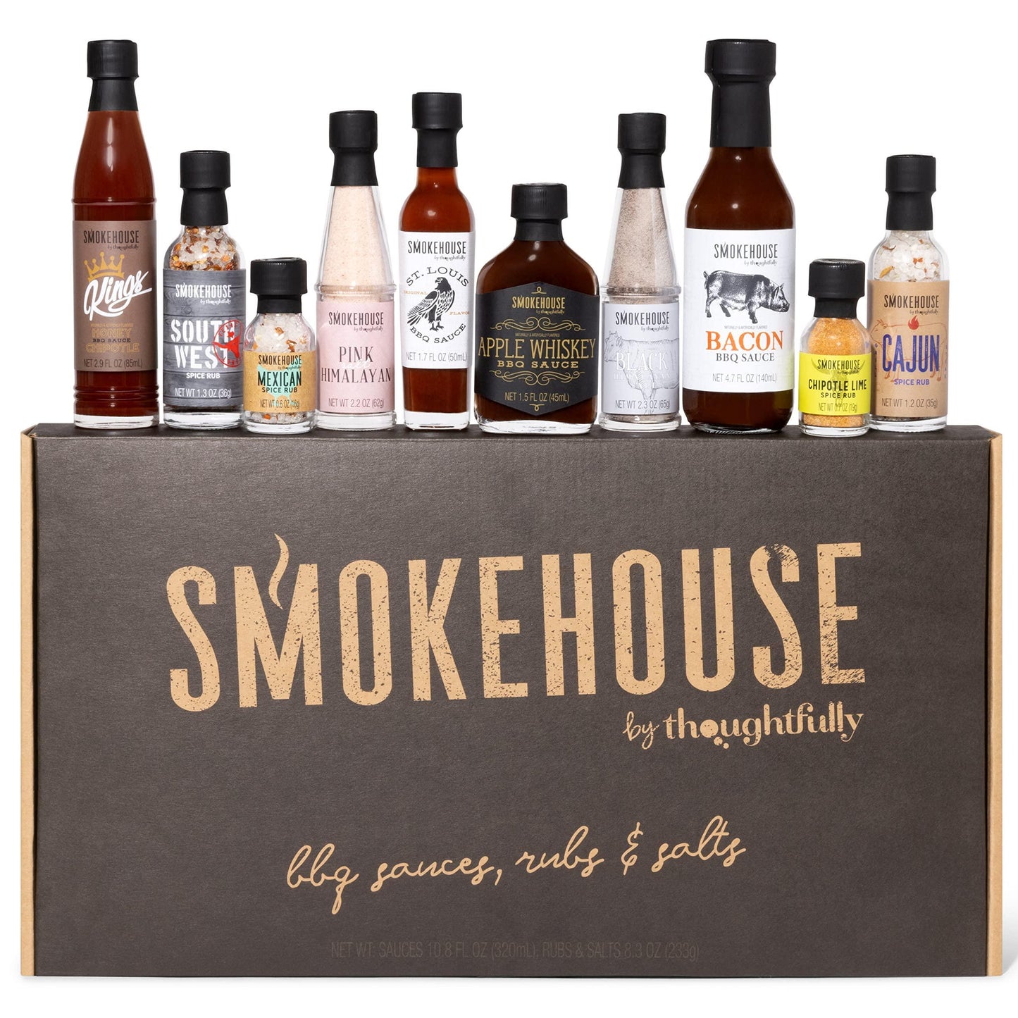 Smokehouse by Thoughtfully, Ultimate BBQ Sampler Set, Vegan and Vegetarian, Includes a Variety of Flavorful USA Made BBQ Sauces, Rubs, and Salts for Smoking and Grilling in Sample Size Glass Bottles - CookCave