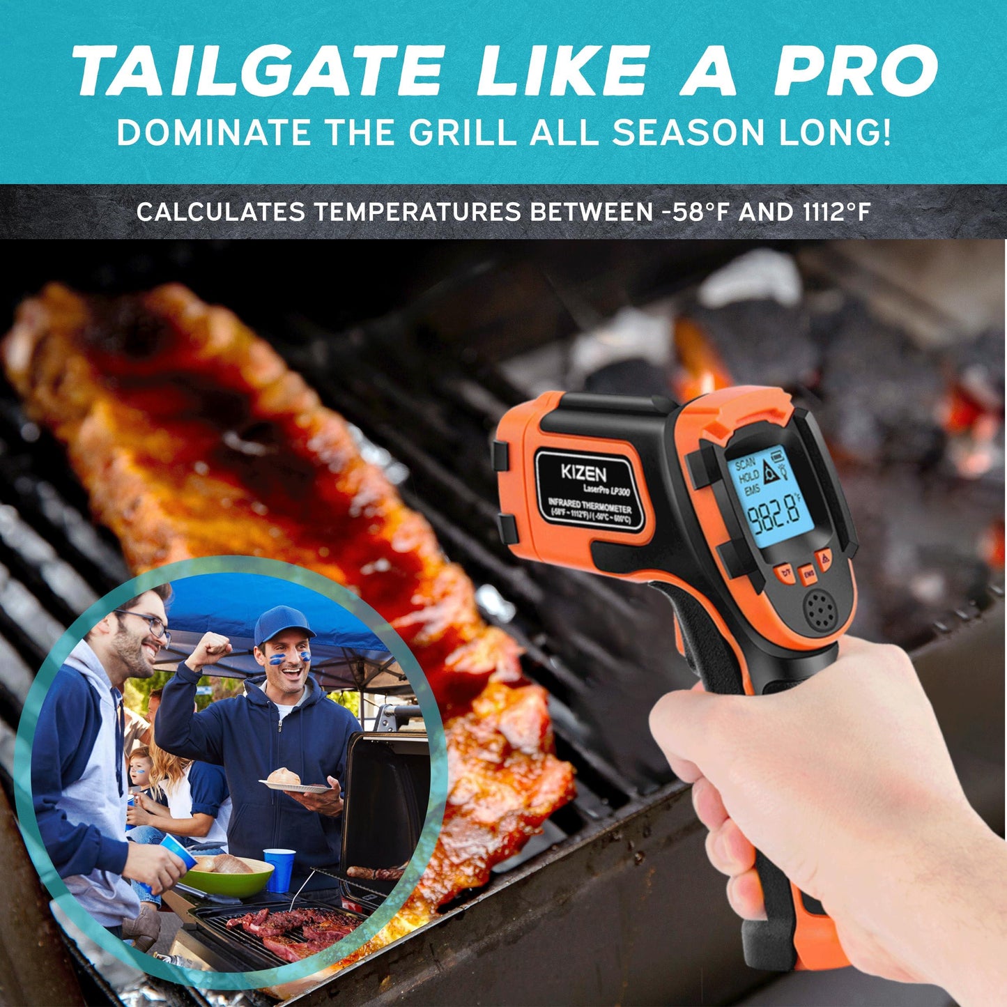 KIZEN Infrared Thermometer Gun (LaserPro LP300) - Handheld Heat Temperature Gun for Cooking, Pizza Oven, Grill & Engine - Laser Surface Temp Reader -58F to 1112F - NOT for Humans, digital - CookCave