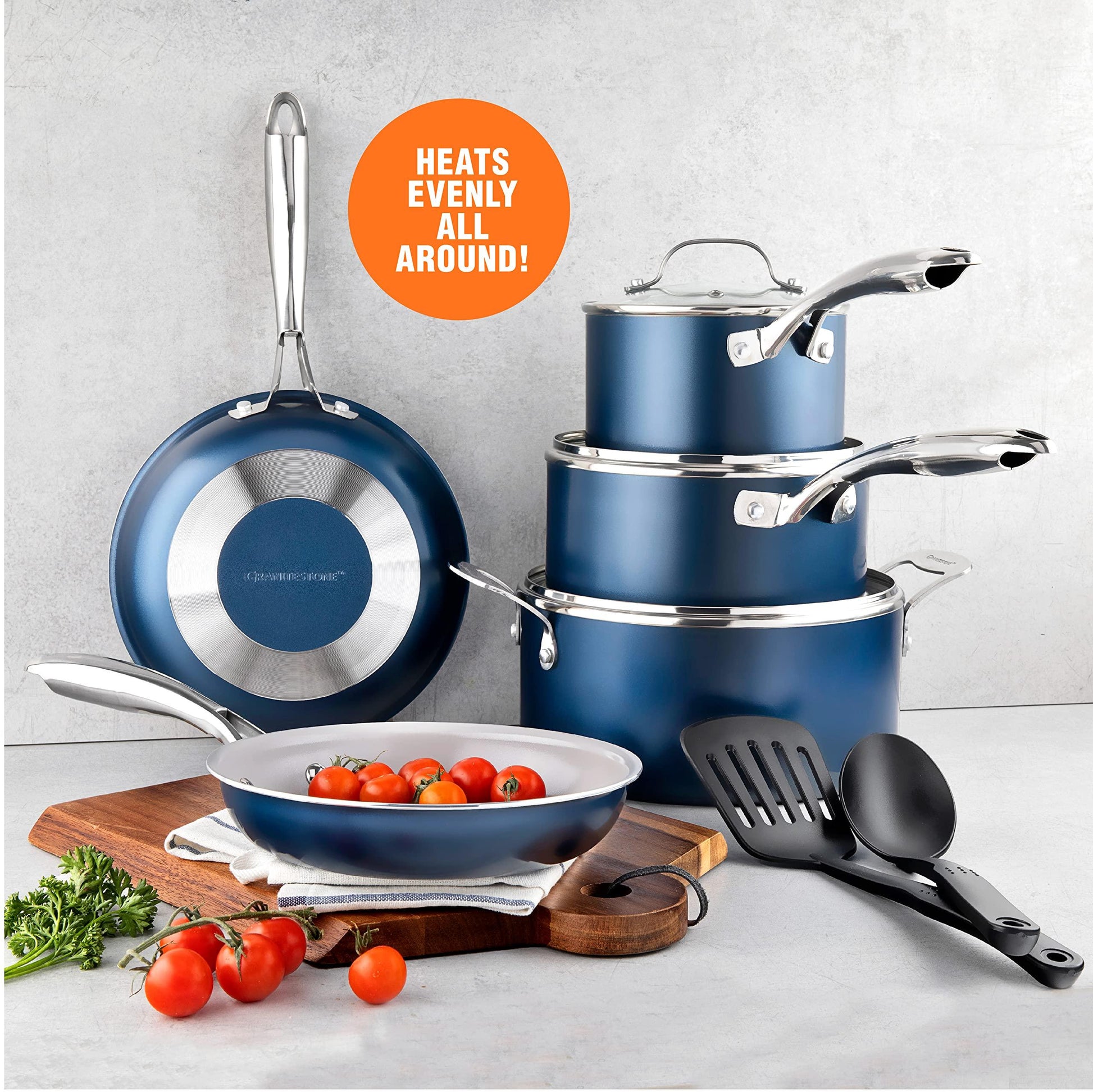 Granitestone Blue 10 Piece Nonstick Cookware Set - Pots, Pans, and Kitchen Sets - Ceramic, Dishwasher Safe - CookCave