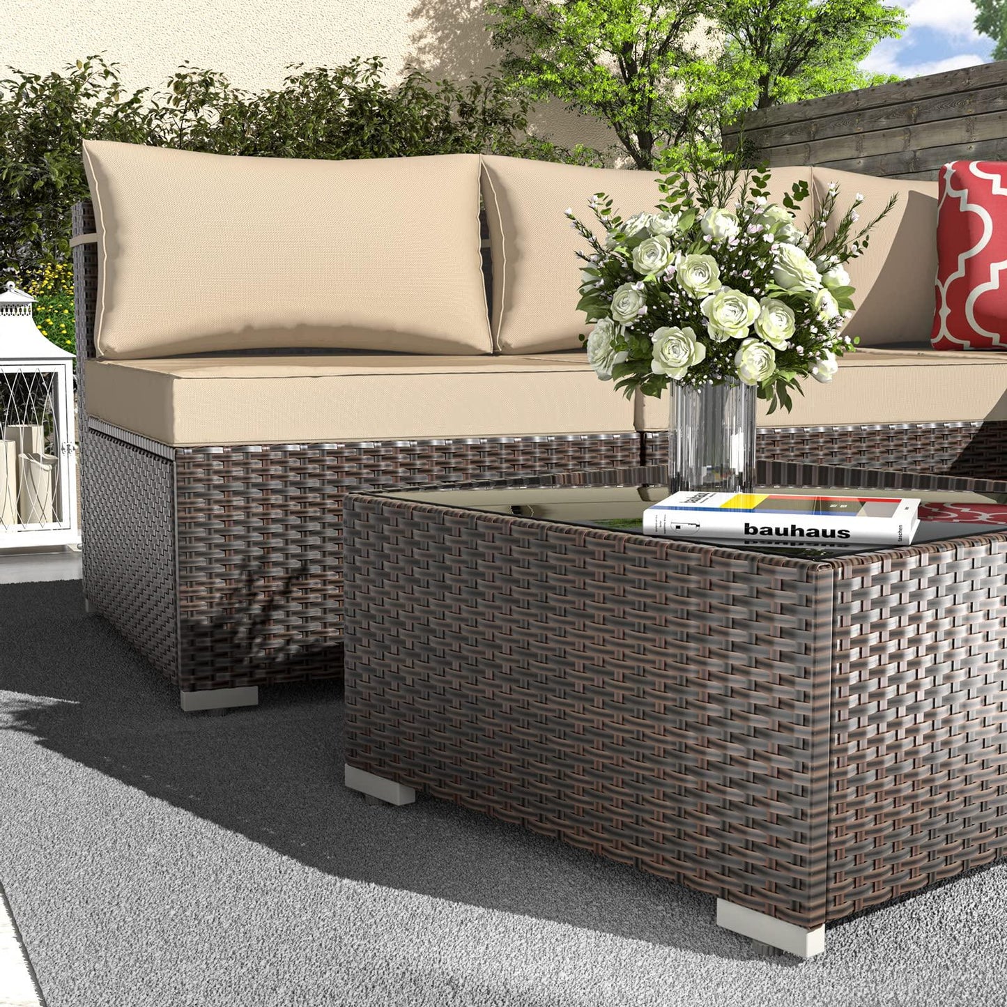 VONZOY Outdoor Patio Furniture Set 7 Pieces Sectional Rattan Sofa Set, PE Rattan Wicker Patio Conversation Set with 6 Seat Cushions and 1 Tempered Glass Table and Furniture Cover, Brown - CookCave