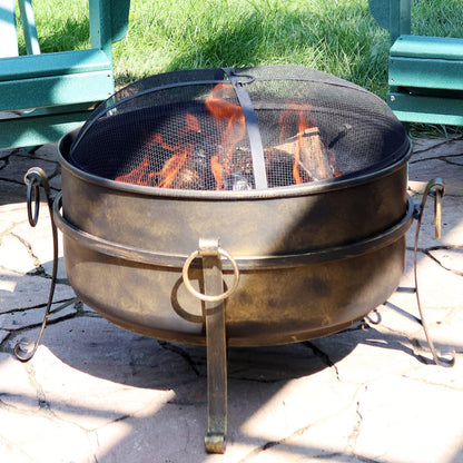 Sunnydaze 24-Inch Cauldron Style Outdoor Fire Pit Bowl with Spark Screen, Log Poker, and Wood Grate - Dark Bronze Finish - CookCave