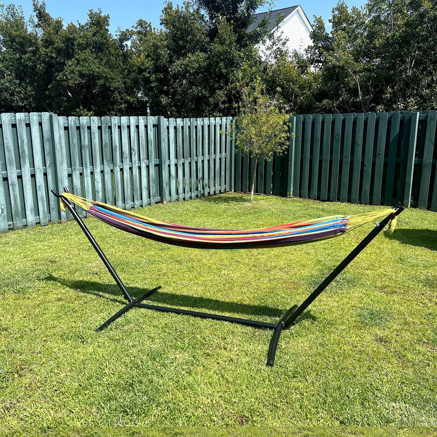 SZHLUX Double Hammock with Stand Included 450lb Capacity Steel Stand, Premium Carry Bag Included and Two Anti Roll Balance Beam - CookCave