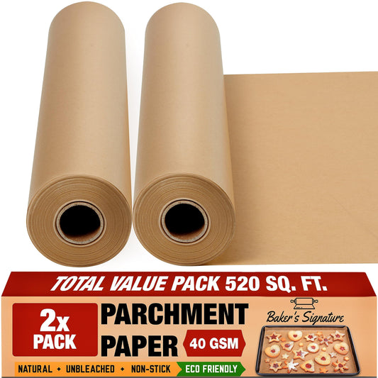 Unbleached Parchment Paper for Baking – 2-Pack 520 Sq.Ft Total - 15 in x 210 ft Baking Paper Roll with Cutter, Non-Stick Brown Parchment for Baking, Cooking, Grilling, Steaming by Baker’s Signature - CookCave
