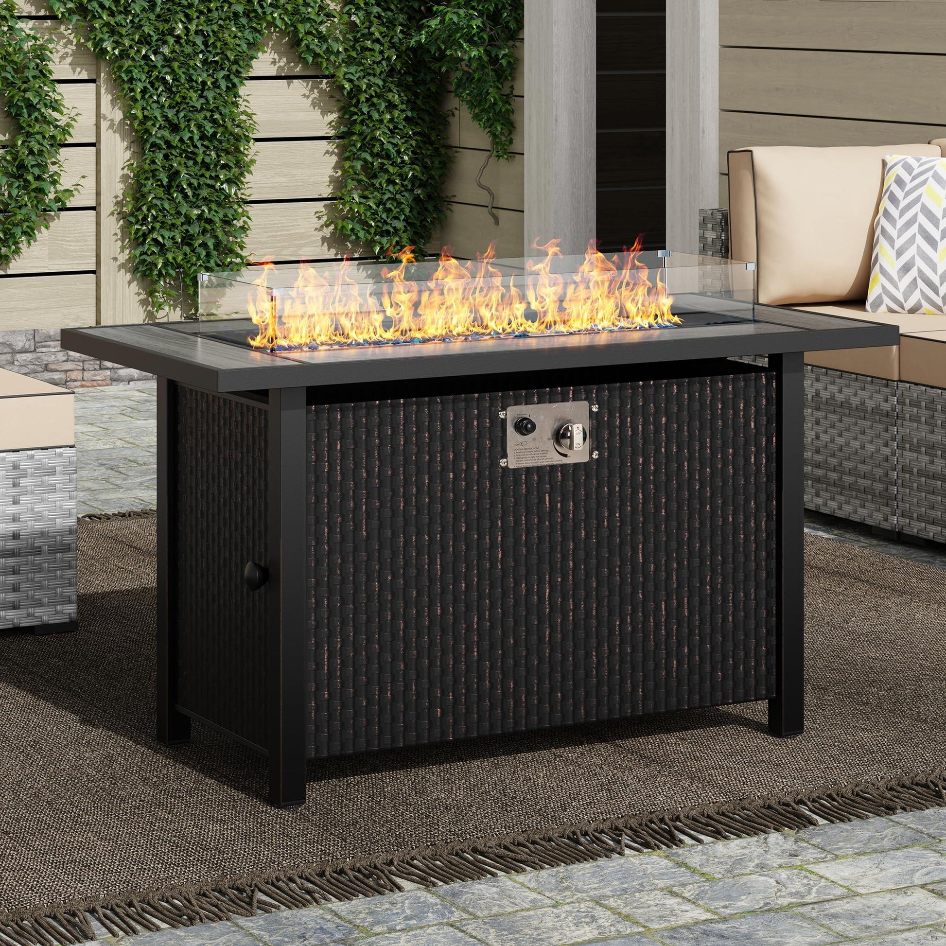 SUNLEI 45" Propane Fire Pit, Outdoor Fire Pit Tables Rectangular Tabletop with Lid and Blue Fire Glass, 50000 BTU Glass Wind Guard and Tables for Outside Patio, Backyard - CookCave