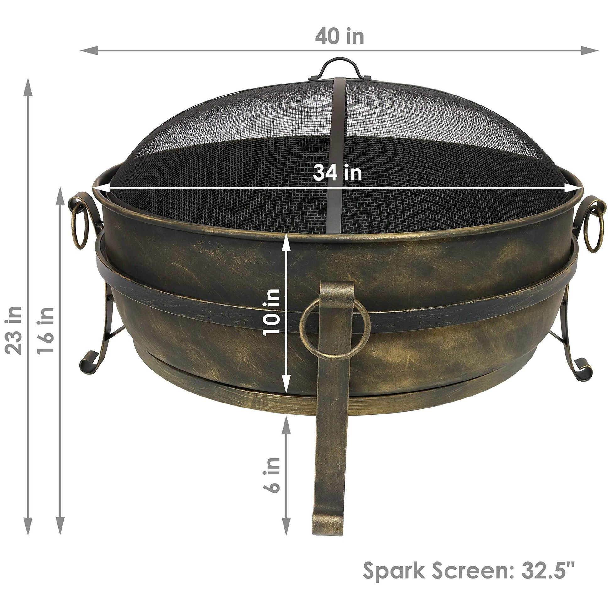 Sunnydaze 34-Inch Cauldron Style Outdoor Fire Pit Bowl with Spark Screen, Log Poker, and Wood Grate - Dark Bronze Finish - CookCave