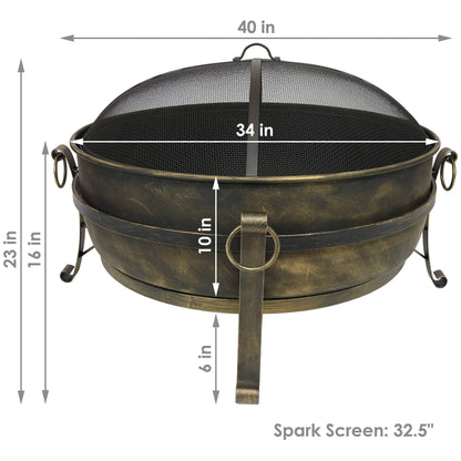 Sunnydaze 34-Inch Cauldron Style Outdoor Fire Pit Bowl with Spark Screen, Log Poker, and Wood Grate - Dark Bronze Finish - CookCave