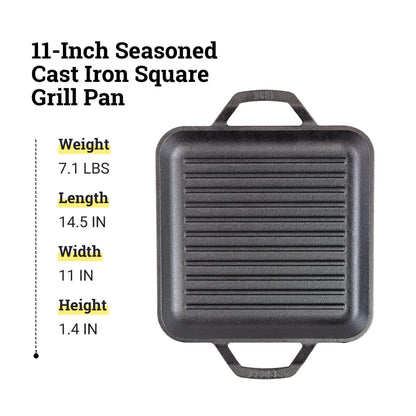 Lodge Cast Iron Chef Collection Square Grill Pan, Pre-Seasoned - 11 in - CookCave