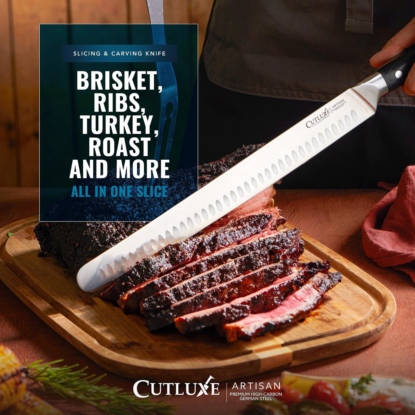 Cutluxe Slicing Carving Knife – 12" Brisket Knife, Meat Cutting and BBQ Knife – Razor Sharp German Steel – Full Tang & Ergonomic Handle Design – Artisan Series - CookCave