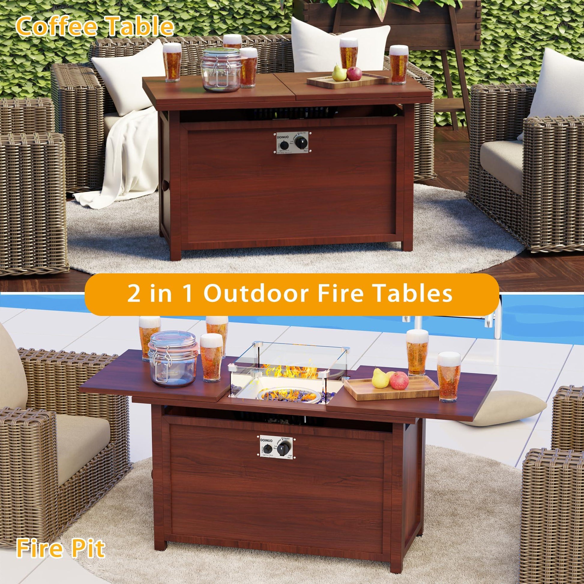 DOINUO 42IN Rectangular Propane Fire Pit Table with Tempered Glass, Removable Desktop, Gas Firepit Table with Glass Beads & Metal Lid, Perfect for Patio & Backyard(Brown) - CookCave