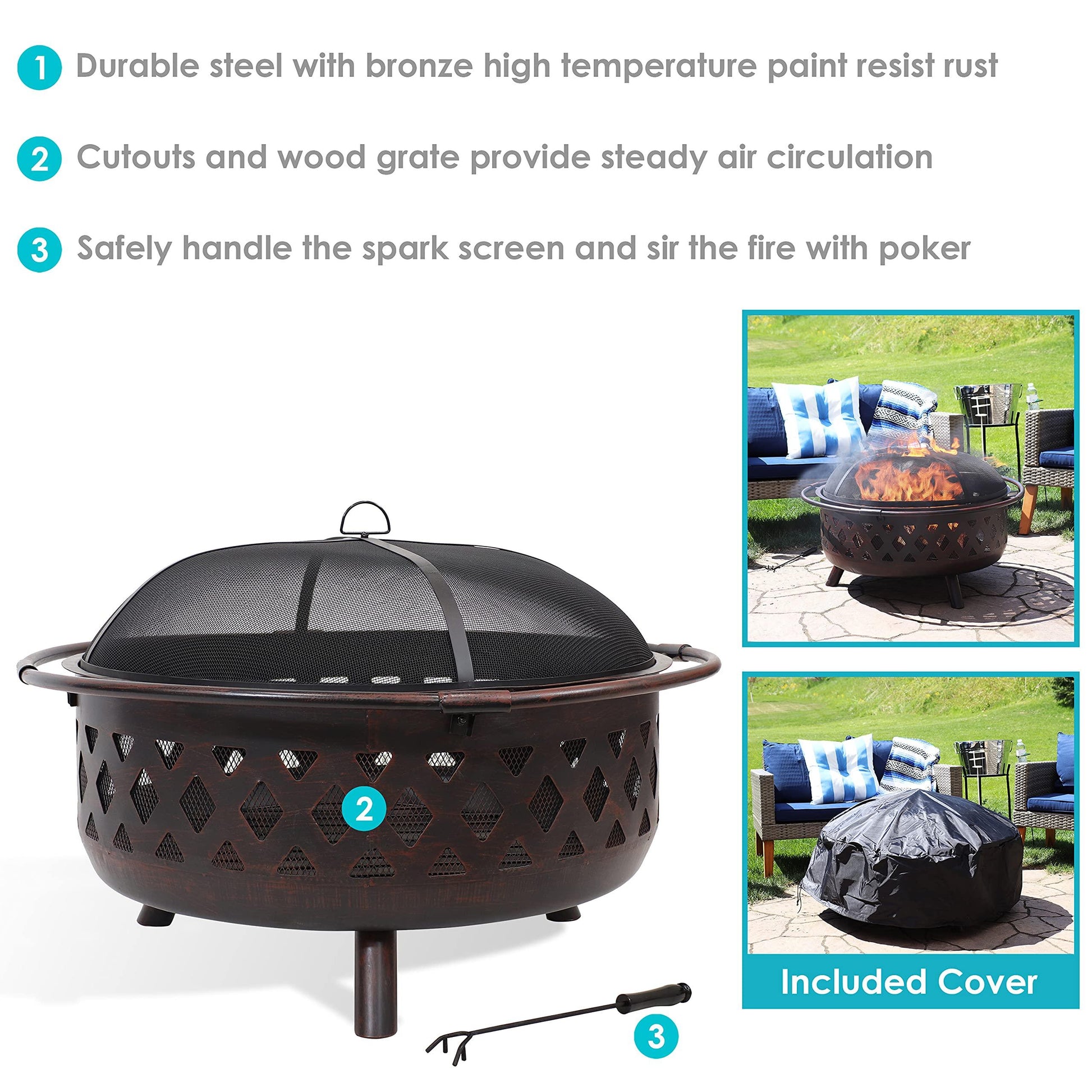 Sunnydaze Bronze Crossweave Wood-Burning Fire Pit - Includes Spark Screen, Fireplace Poker, and Round Cover - 36-Inch - CookCave