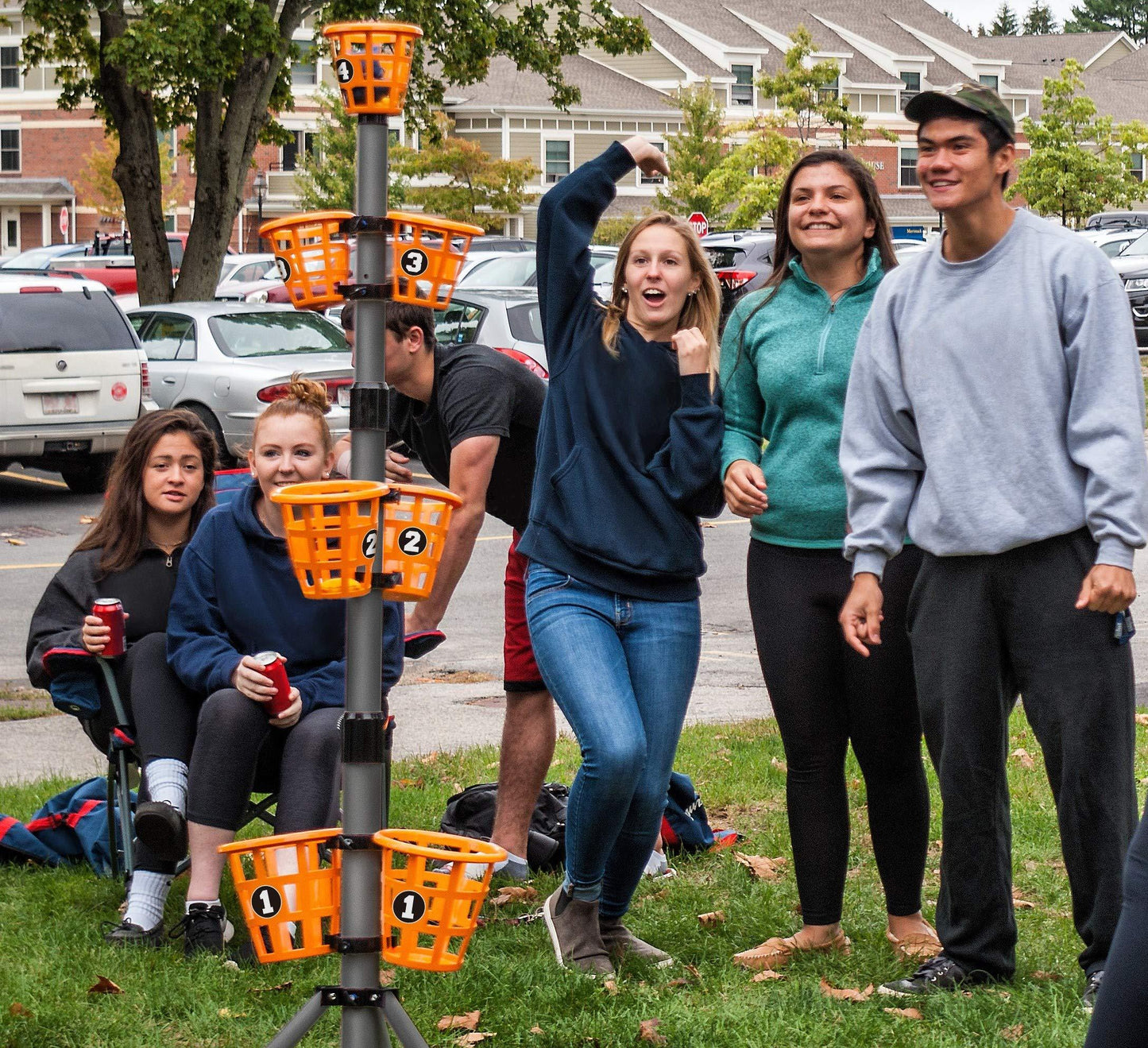 Creative Brainworks: B3 Bean Bag Bucketz; Outdoor Backyard Game : Lawn Bean Bag Toss Party Game - Giant 5' Camping, Tailgate, Beach, Cornhole Alternative Game Set, Yellow/Blue/Orange/Grey - CookCave