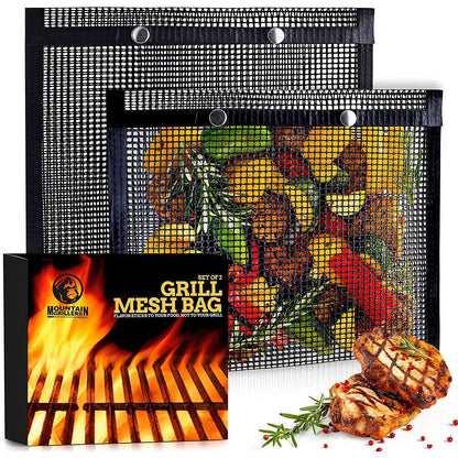 Mountain Grillers Set of 2 BBQ Mesh Grill Bags -(12.83 x 11.73-Inch) Reusable Grilling Pouches for Barbeque, Fish -Suitable for Charcoal, Electric Grills -Heat-Resistant & Non-Stick Bag for BBQ Lover - CookCave