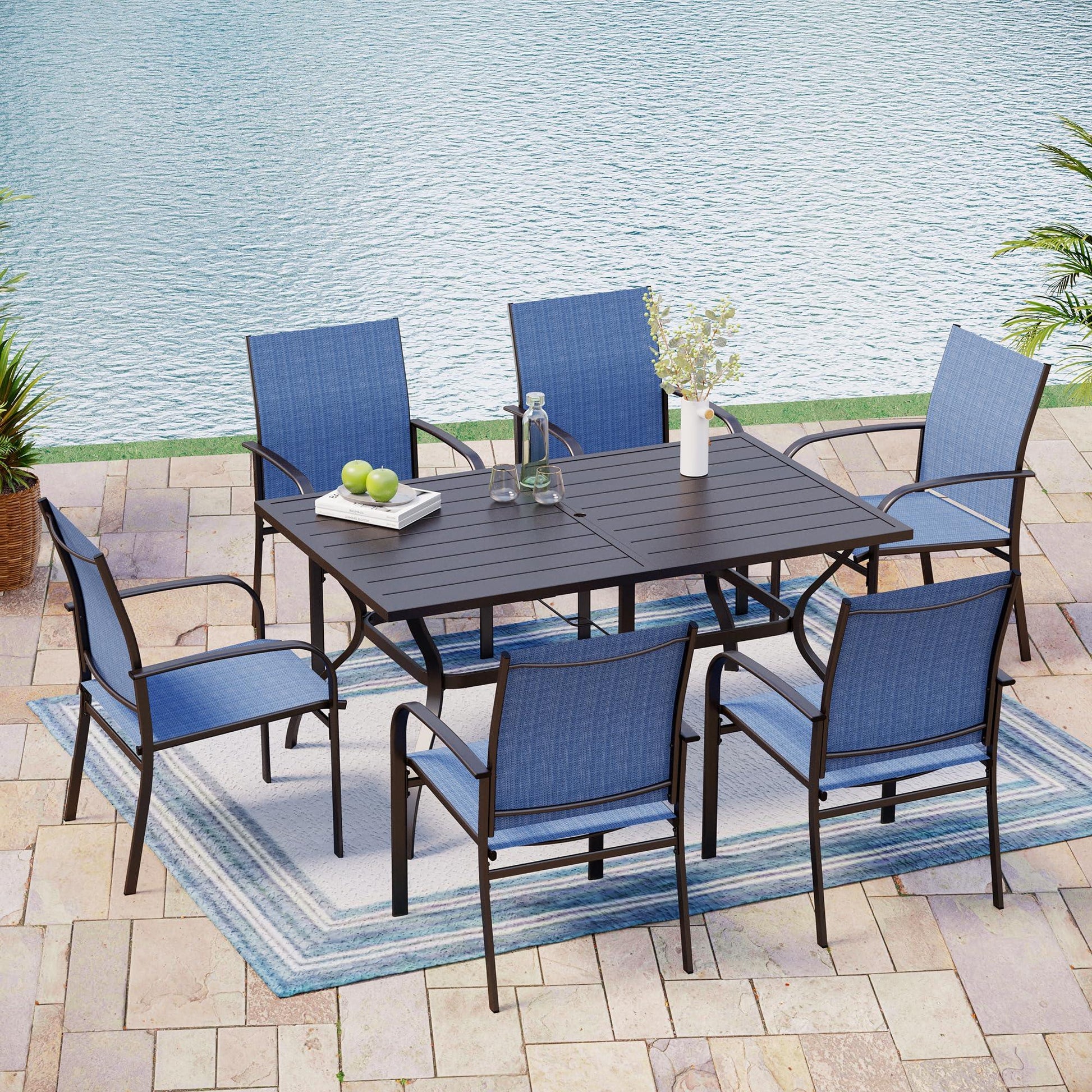 MIXPATIO Outdoor Patio Dining Set 7 Piece Furniture Set with 6 Blue Textilene Chairs and Metal Rectangular Table for Deck Garden Backyard Lawn Poolside - CookCave