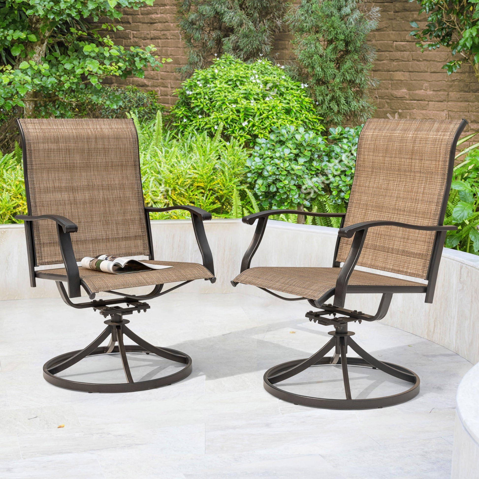 NUU GARDEN Patio Dining Chairs, Swivel Patio Sling Chairs Set of 2 All-Weather Textilene Outdoor Chairs with Iron Frame for Outdoor Lawn Garden Backyard, Brown - CookCave