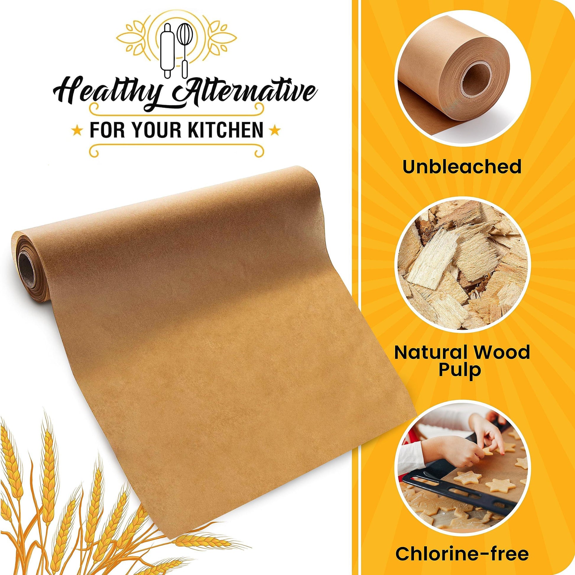 Unbleached Parchment Paper for Baking – 2-Pack 520 Sq.Ft Total - 15 in x 210 ft Baking Paper Roll with Cutter, Non-Stick Brown Parchment for Baking, Cooking, Grilling, Steaming by Baker’s Signature - CookCave