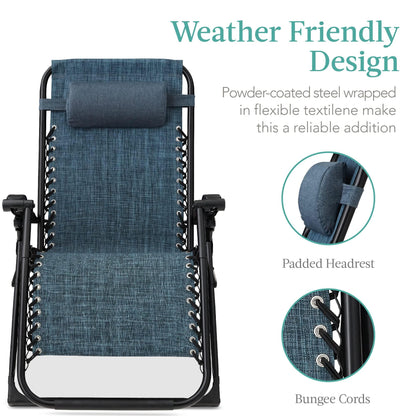 Best Choice Products Oversized Zero Gravity Chair, Folding Outdoor Patio Recliner, XL Anti Gravity Lounger w/Removable Cushion, Cup Holder, Side Tray, 350lb Capacity - Graphite Blue - CookCave