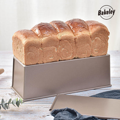 Bakeley Commercial Pullman Loaf Pan with Lid, Dough Capacity Non-stick Rectangle Flat Toast Box for Oven Baking 13.6"×5.4"×4.7"(Champagne Gold) - CookCave