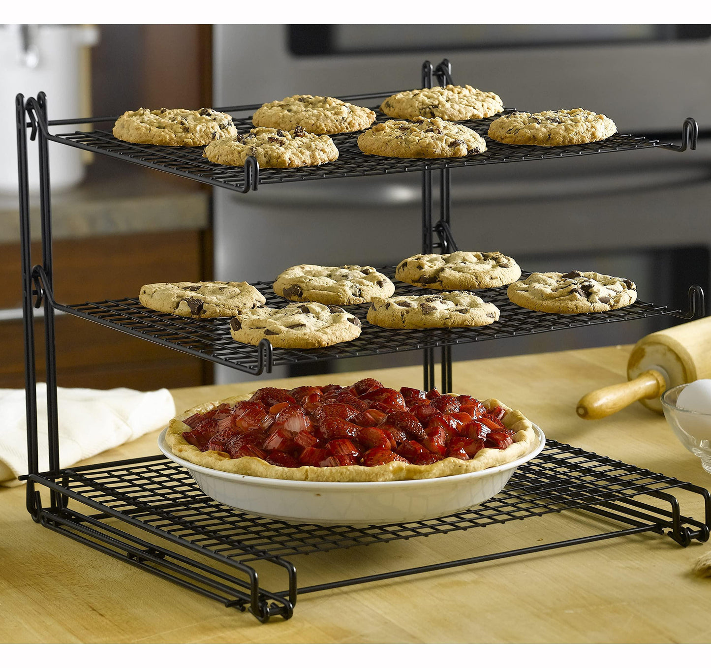 Nifty 3-Tier Cooling Rack – Non-Stick Coating, Wire Mesh Design, Dishwasher Safe, Collapsible Kitchen Countertop Organizer, Use for Baking Cookies, Cakes, Pies - CookCave