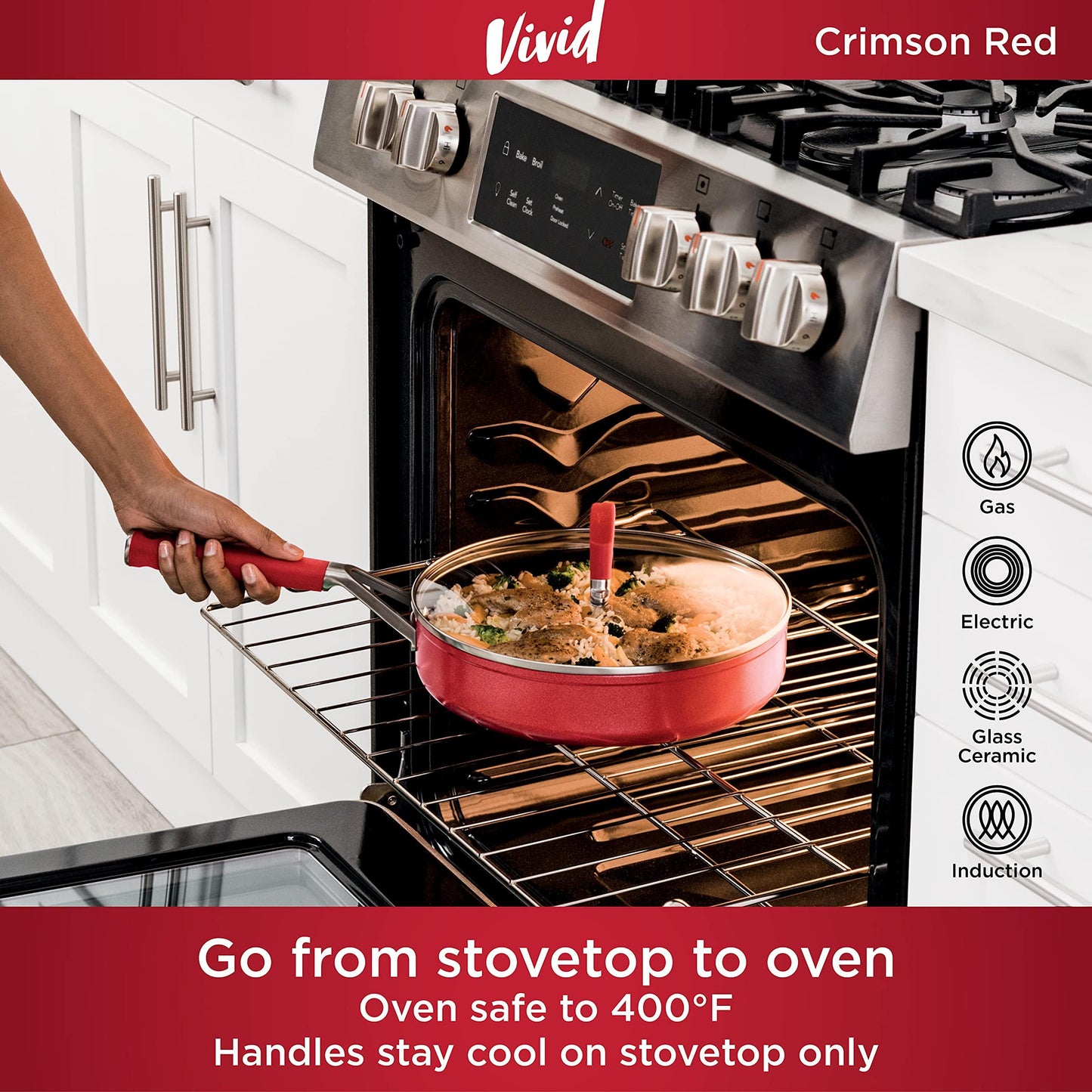 Ninja C20130 Foodi NeverStick Vivid 3-Quart Sauté Pan with Glass Lid, Nonstick, Durable & Oven Safe To 400°F, Cool-Touch Handles, Crimson Red - CookCave