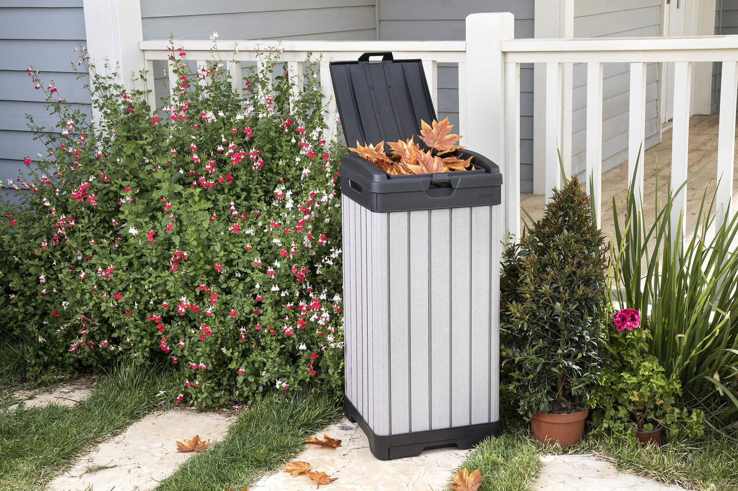 Keter Rockford Resin 38 Gallon Trash Can with Lid and Drip Tray for Easy Cleaning - Perfect for Patios, Kitchens, and Outdoor Entertaining - CookCave