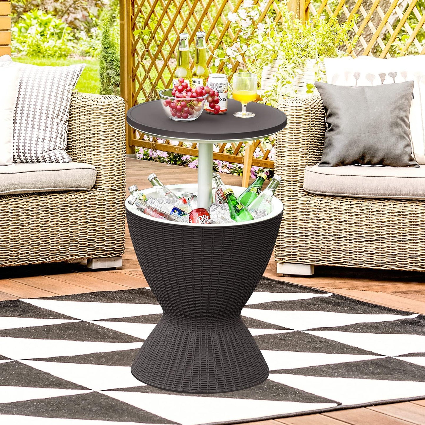 Tangkula Outdoor Cool Bar Table, Rattan Patio 8 Gallon Beer and Wine Cooler, All-Weather Ice Bucket w/Height Adjustable Top, Drainage Plug, 3-in-1 Cocktail Coffee Table for Party, Picnic (Black) - CookCave