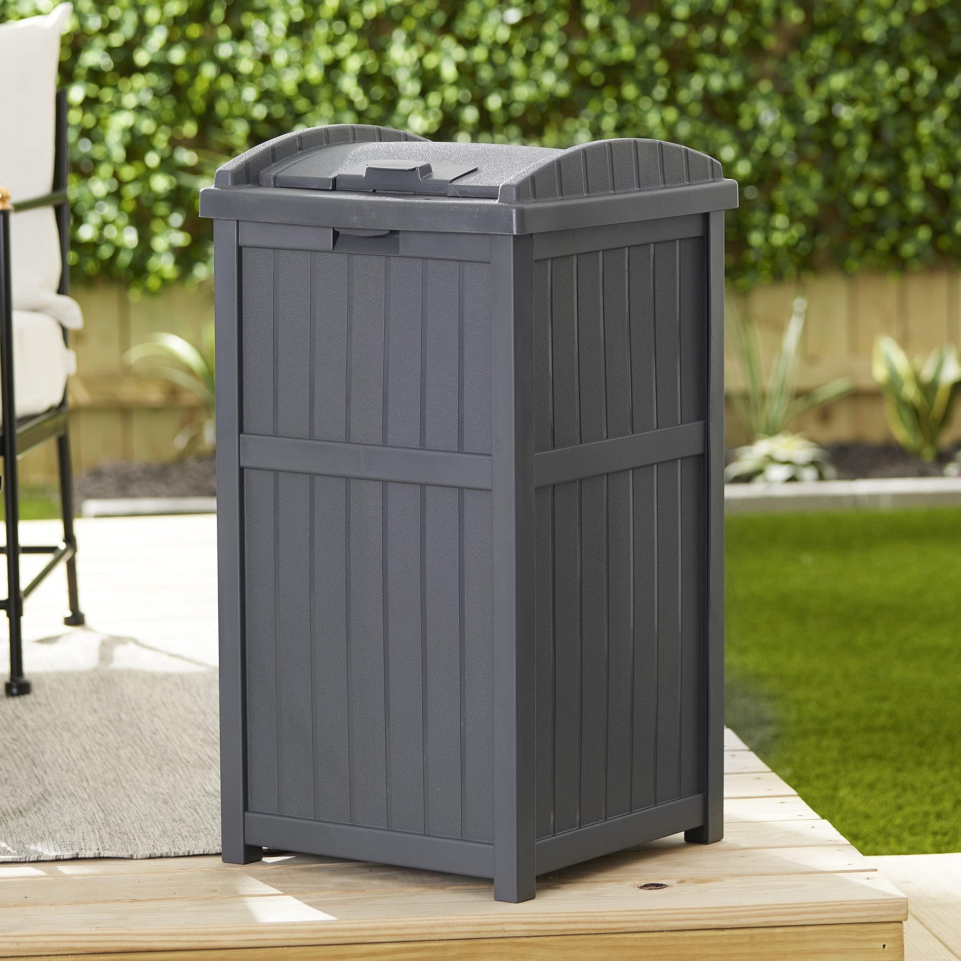 Suncast Trash Hideaway 33 Gallon Rectangular Garbage Trash Can Bin with Secure Latching Lid and Solid Bottom Panel for Outdoor Use, Cyberspace - CookCave