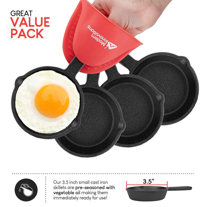 Modern Innovations Mini Black Cast Iron Skillet Set with Silicone Mitt (4 Count) - 3.5 Inch Pans, Pre Seasoned Small Skillets for Baked Cookie/Brownie or Cooked Eggs - CookCave