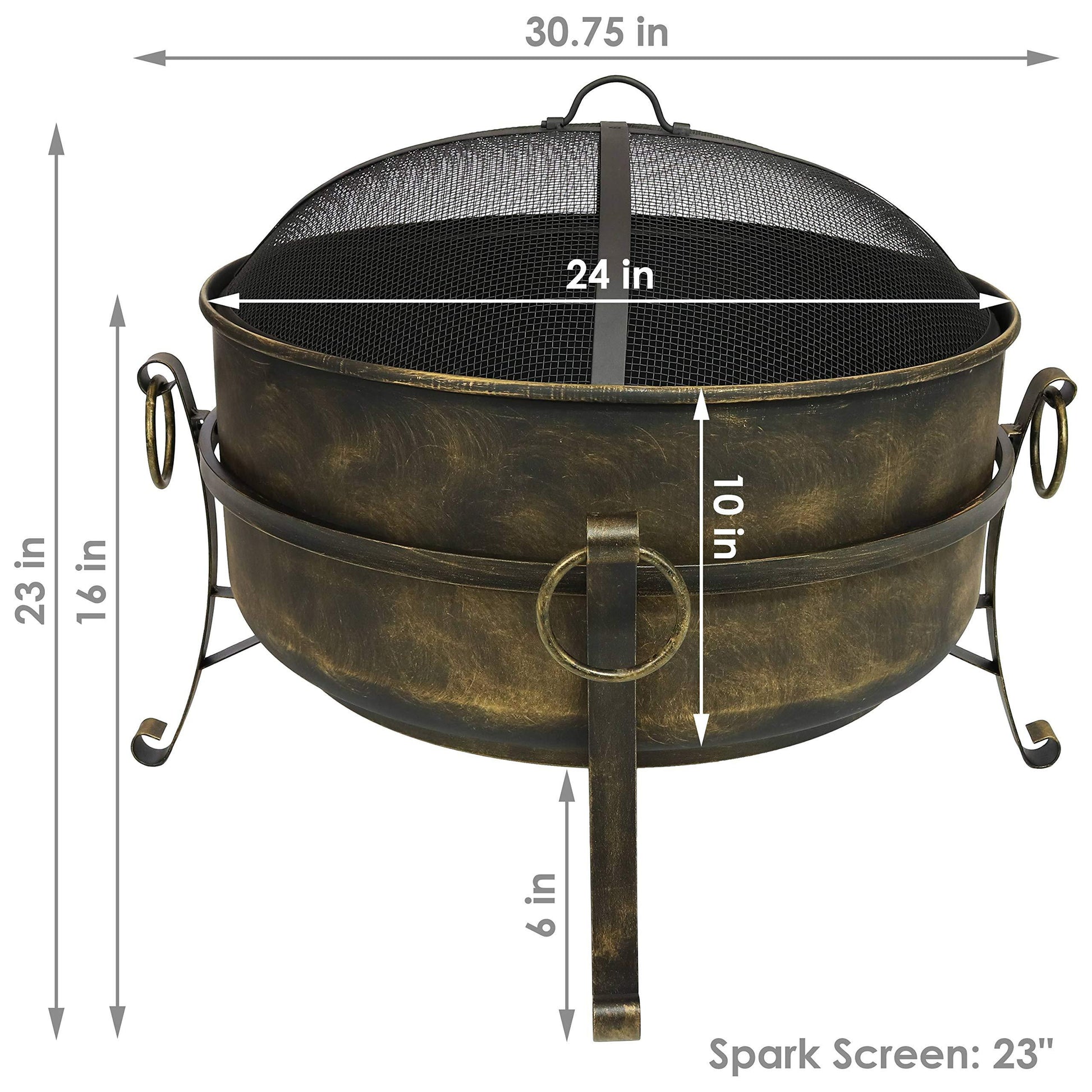 Sunnydaze 24-Inch Cauldron Style Outdoor Fire Pit Bowl with Spark Screen, Log Poker, and Wood Grate - Dark Bronze Finish - CookCave