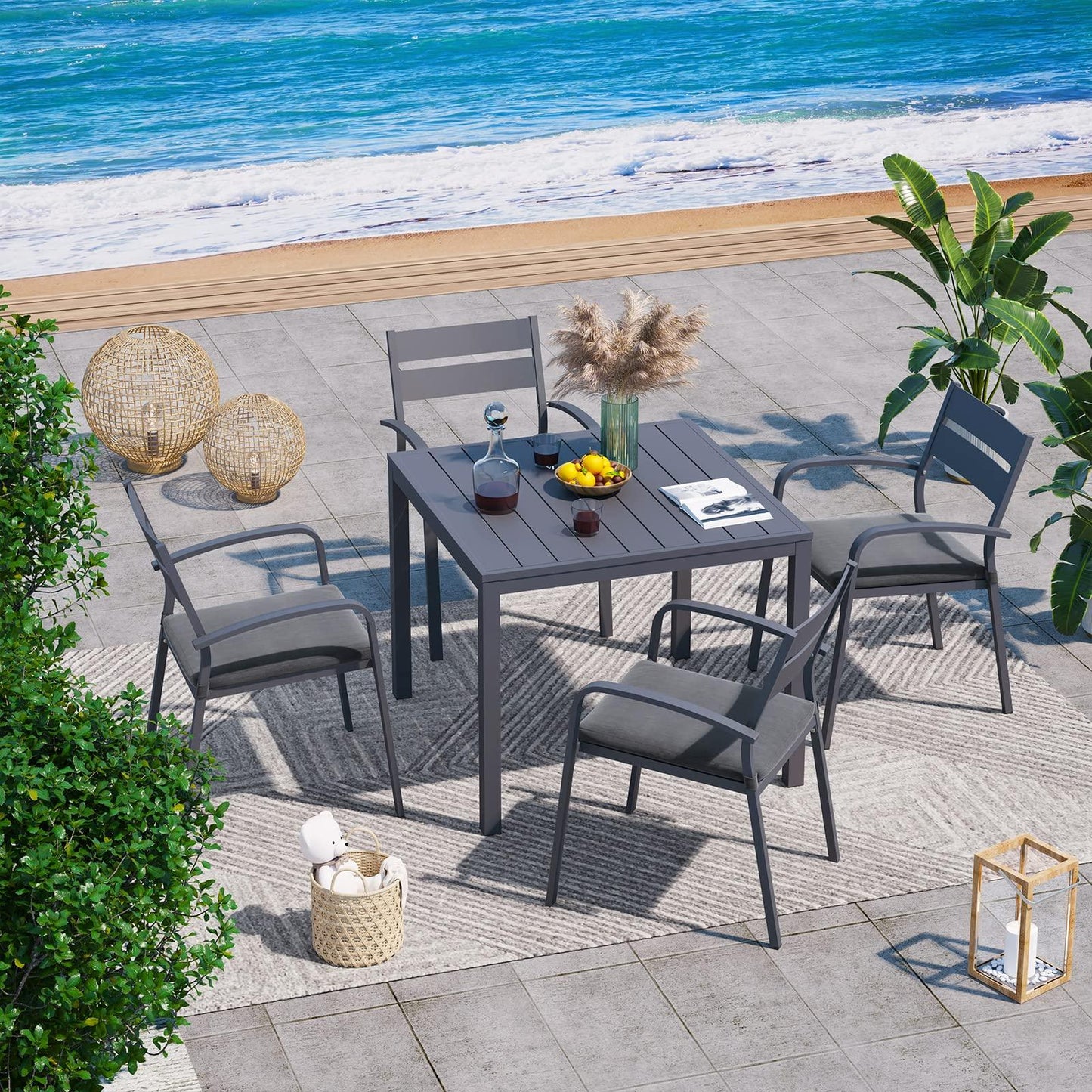 Soleil Jardin Aluminum 5 Piece Outdoor Furniture Dining Set, Patio Dining Furniture Set with 35" Square Table and 4 Stackable Chairs for Garden, Backyard, Dark Grey Finish & Grey Cushion - CookCave