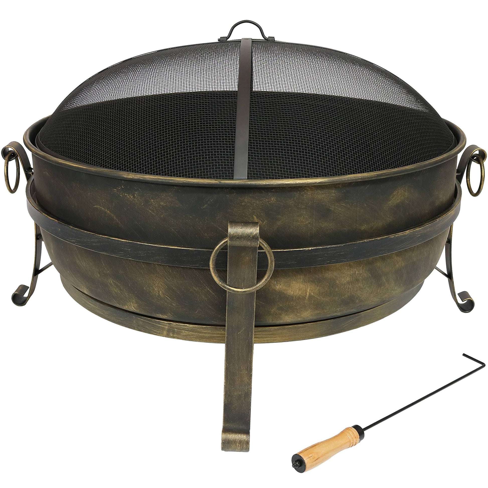 Sunnydaze 34-Inch Cauldron Style Outdoor Fire Pit Bowl with Spark Screen, Log Poker, and Wood Grate - Dark Bronze Finish - CookCave