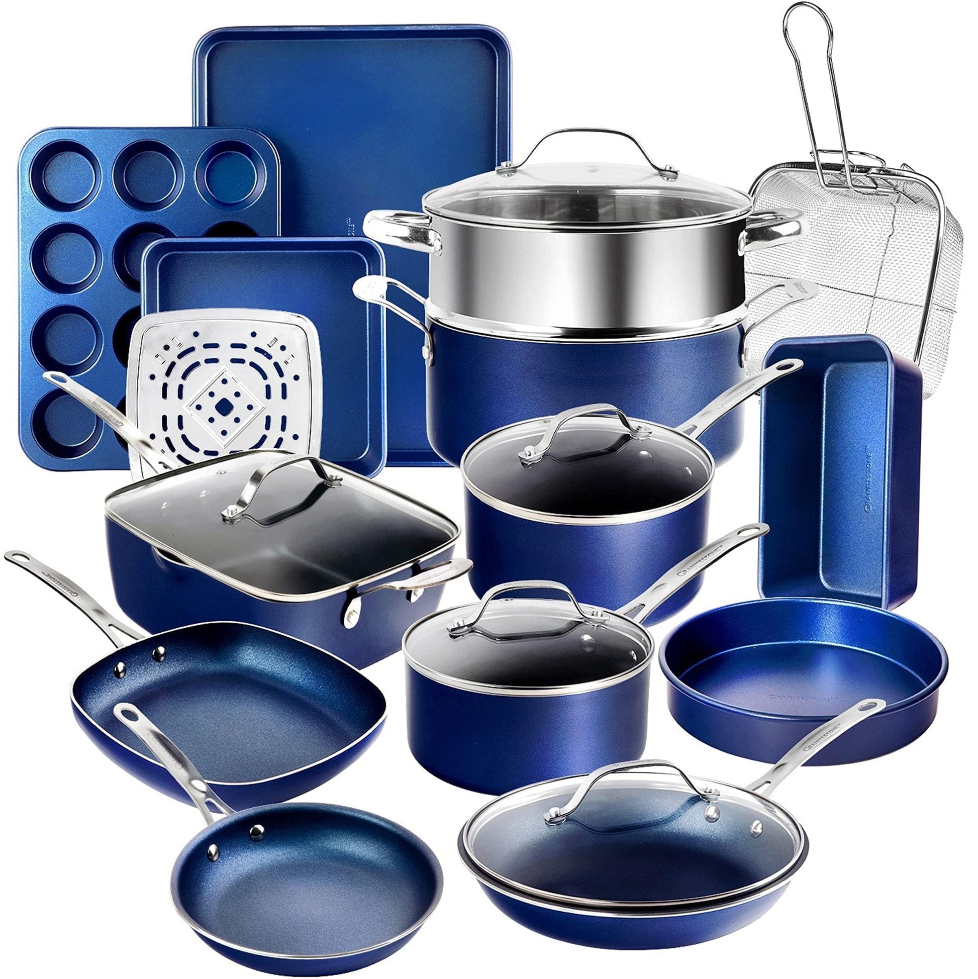 GRANITESTONE Blue 20 Piece Pots and Pans Set Nonstick Cookware Set, Complete Kitchen Cookware Set with Lids + Bakeware Reinforced with Minerals and Diamonds, Oven/Dishwasher Safe, 100% Non Toxic - CookCave