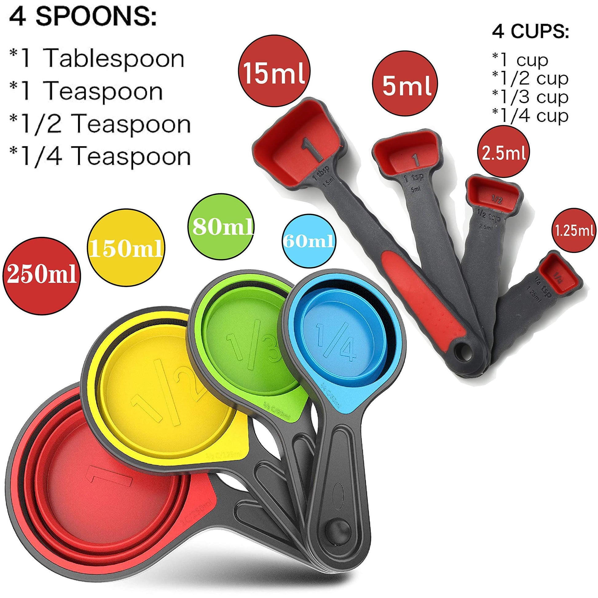 Collapsible Silicone Soft Measuring Cups and Measuring Spoons,8 pieces Portable Food Grade Silicone Measurement Cup for Liquid & Dry Measuring Baking &Utensils & Travel Measuring Cup，space saver - CookCave