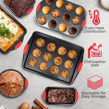 Perlli Baking Pan 6 Piece Set Nonstick Carbon Steel Oven Bakeware Kitchen Set with Silicone Handles, Cookie Sheet, Round Cake Pan, 9x13 Roasting Pan, Loaf Pan, 12 Cup Muffin Cupcake Pan, Square Pan - CookCave