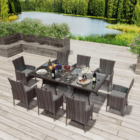 RTDTD 10 Pieces Patio Dining Set Outdoor Rattan Furniture Dinning Set with 2 Square Glass Tabletops 8 Chairs with Cushions for Patio, Backyard Outdoor Kitchen Lawn & Garden (Grey) - CookCave