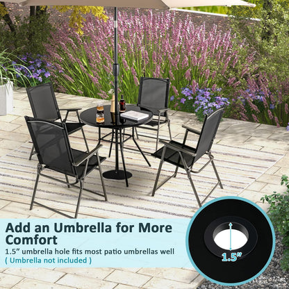 Tangkula 34 Inch Patio Dining Table, Round Tempered Glass Table with 1.5” Umbrella Hole, Heavy-Duty Metal Frame, Outdoor Metal Dining Table for Garden, Balcony, Porch - CookCave