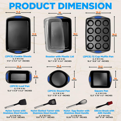 NutriChef 15-Piece Baking Pan Set - PFOA, PFOS, PTFE Free Flexible Nonstick Gray Coating Carbon Steel Bakeware - Professional Home Kitchen Bake Cookie Sheet Stackable Tray w/Blue Silicone Handles - CookCave