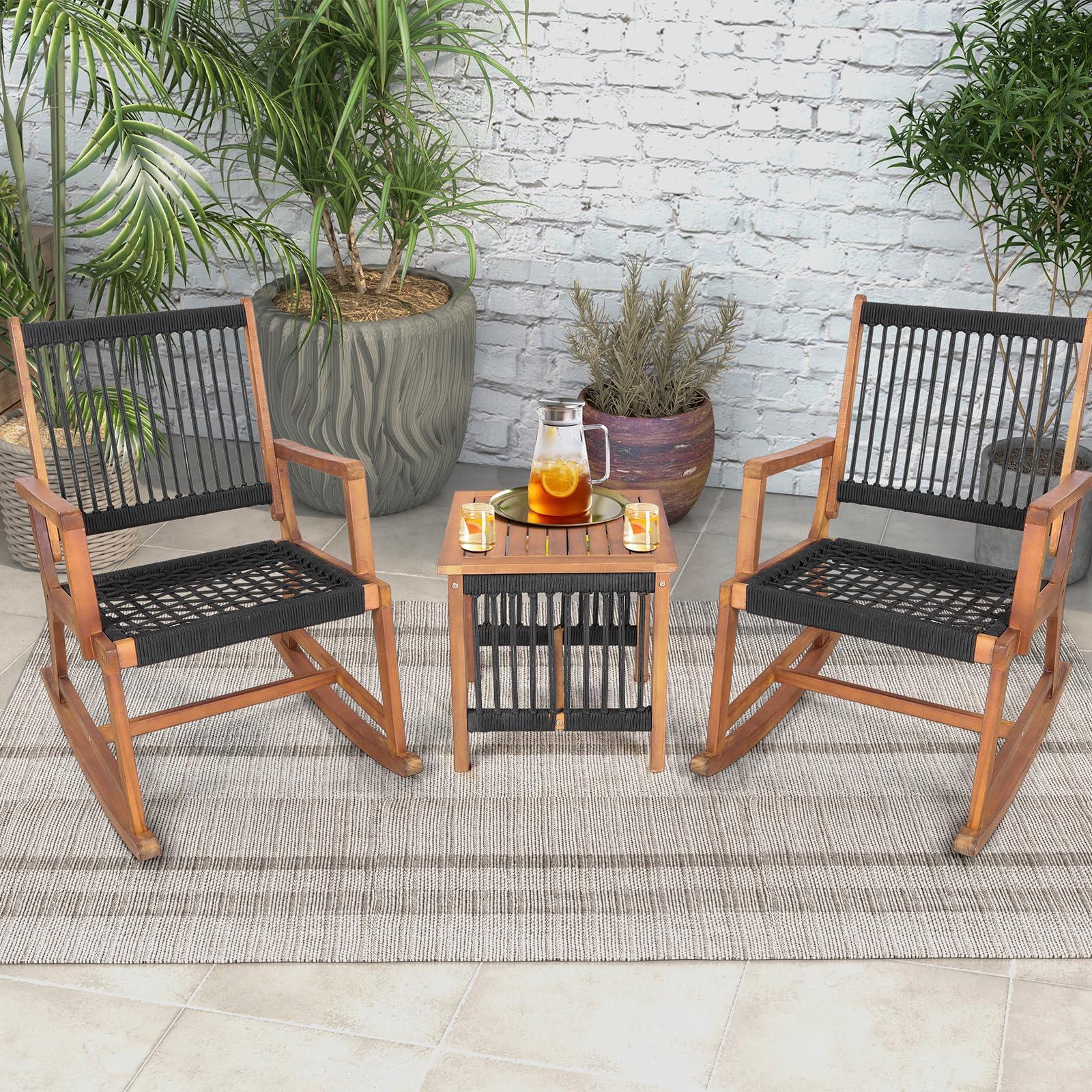 Tangkula 3 Pieces Acacia Wood Rocking Bistro Set, All-Weather Rope Woven Patio Furniture Set with Coffee Table, Outdoor Conversation Set for Front Porch, Deck, Balcony (Black & Natural) - CookCave