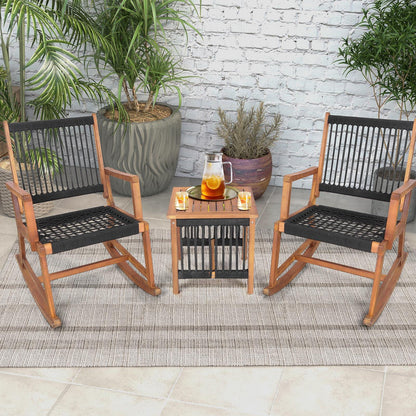 Tangkula 3 Pieces Acacia Wood Rocking Bistro Set, All-Weather Rope Woven Patio Furniture Set with Coffee Table, Outdoor Conversation Set for Front Porch, Deck, Balcony (Black & Natural) - CookCave