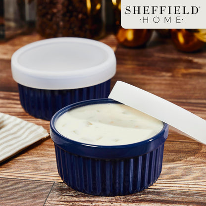 Sheffield Home Ramekin Set - Elevate Culinary Creations with 6 Round Ceramic Bowls (8oz), Oven-Safe Cups for Pudding, Creme Brulee, Souffle. Includes Silicone Lids, Dishwasher & Microwave Safe - Blue - CookCave