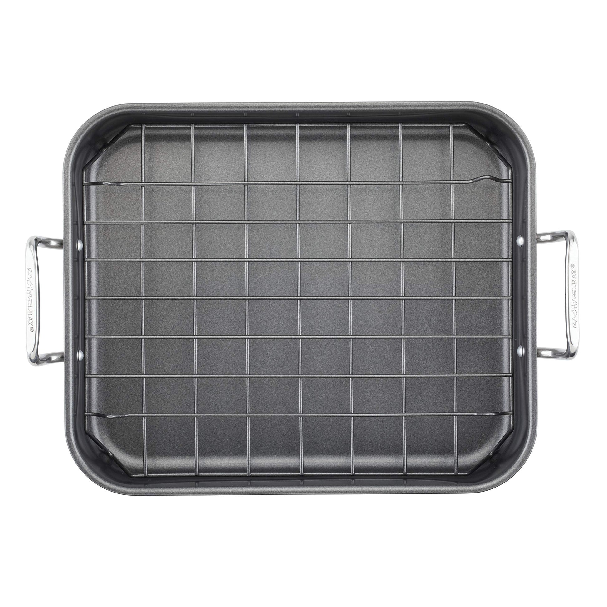 Rachael Ray Bakeware Nonstick Roaster/Roasting Pan with Reversible Rack, 16.5 Inch x 13.5 Inch, Gray - CookCave