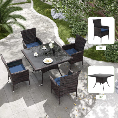 Delnavik 10-Piece Patio Outdoor Dining Set, Wicker Patio Furniture Set of 8 Rattan Chairs with Soft Cushions and Two Square Table with Umbrella Cutout, Navy Blue - CookCave