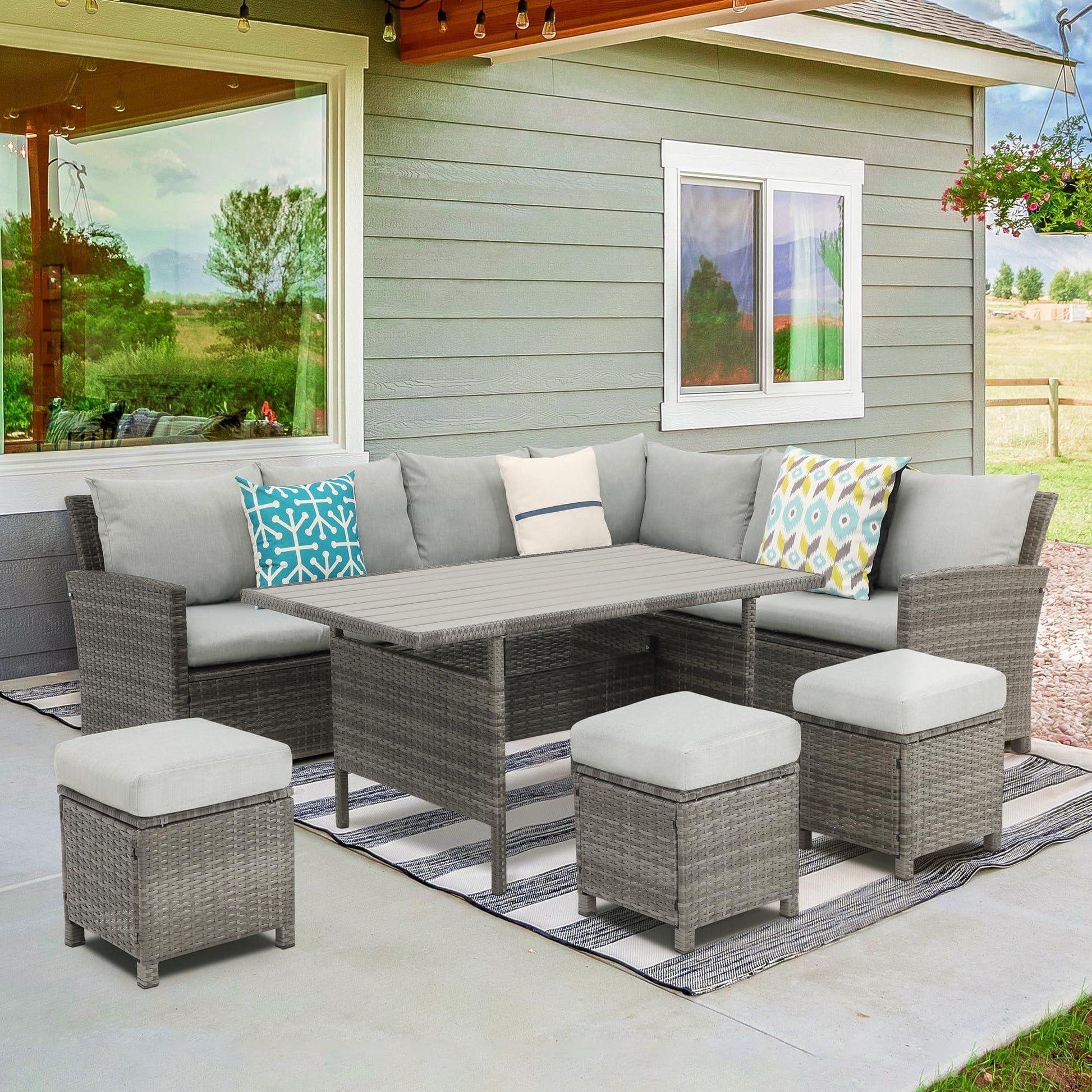 Wisteria Lane Patio Furniture Set, 7 Piece High Curved Back Outdoor Dining Sectional Sofa with Dining Table and Chair, All Weather Wicker Conversation Set with Ottoman, Grey - CookCave