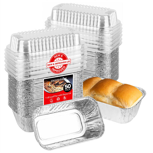 Stock Your Home Disposable Aluminum Mini Loaf Pans with Lids, 1 lb (50 Pack) New & Improved Plastic Dome Lid Foil Baking Tins, Tin Pans for Cake, Bread, Holiday Baked Goods Packaging - CookCave