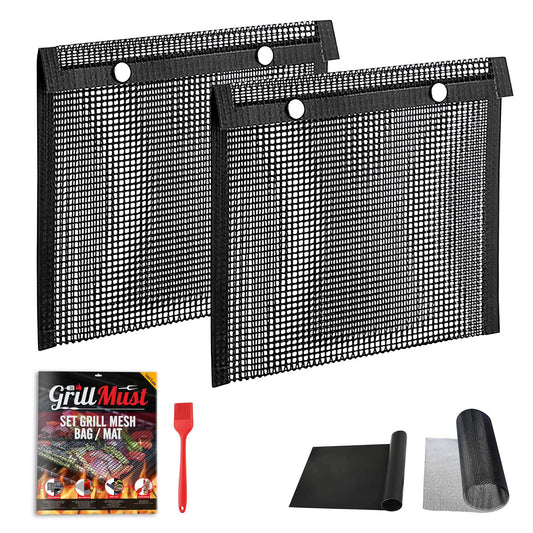 GrillMust Large Grilling Bags Premium Set-2 x Mesh Grill Bags for Outdoor Grill 12x9.5″- 1 x Grill Mats - 1 x Mesh Grill Mat 16x13″ - 1 x Silicone Brush. Smoking Meat Accessories-Ideal Gifts For Men. - CookCave