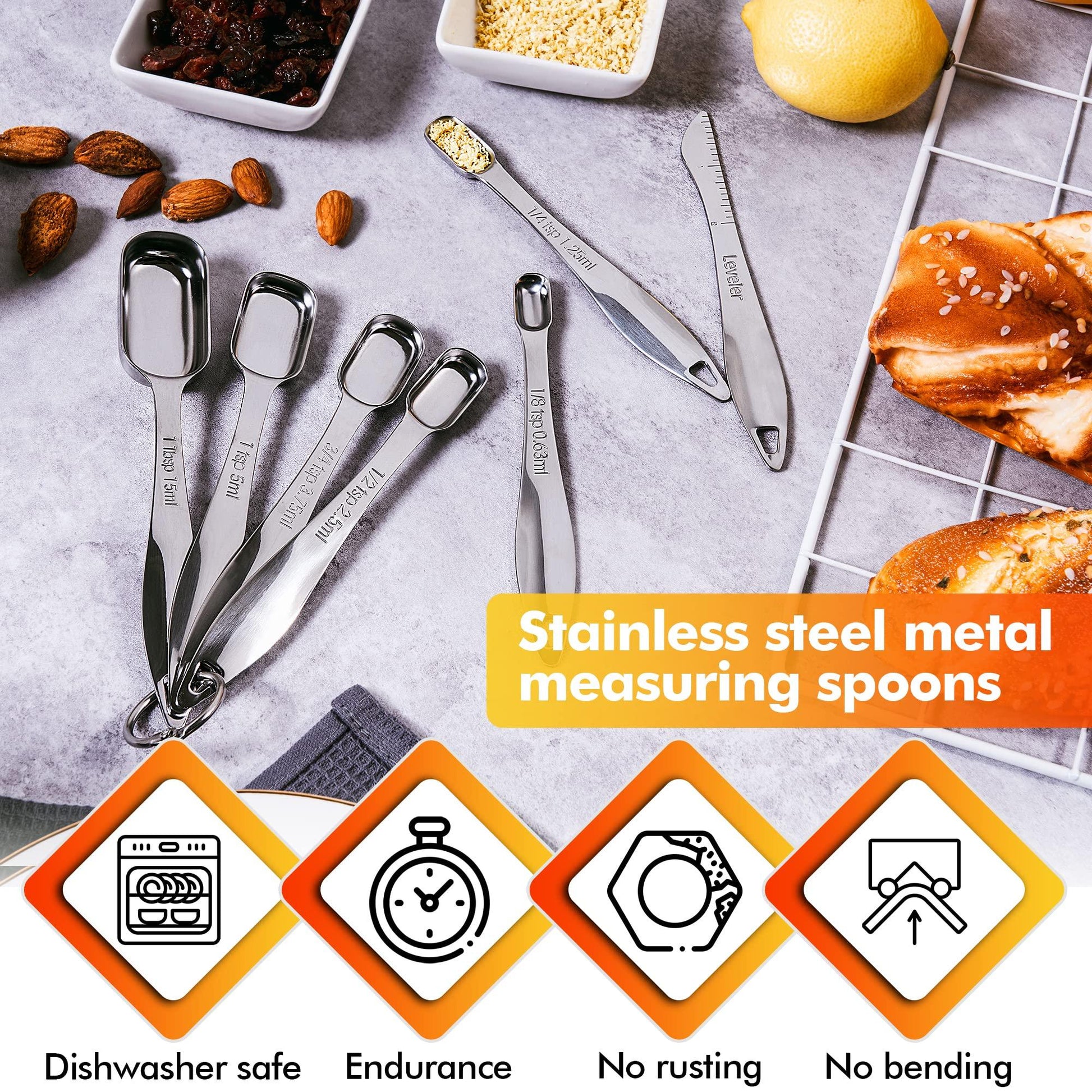Rainspire Heavy Duty Measuring Spoons Set Stainless Steel, Metal Measuring Cups and Spoons Set for Dry or Liquid, Fits in Spice Jar, Home Gadgets Kitchen Gadgets, Set of 7 Including Leveler - CookCave