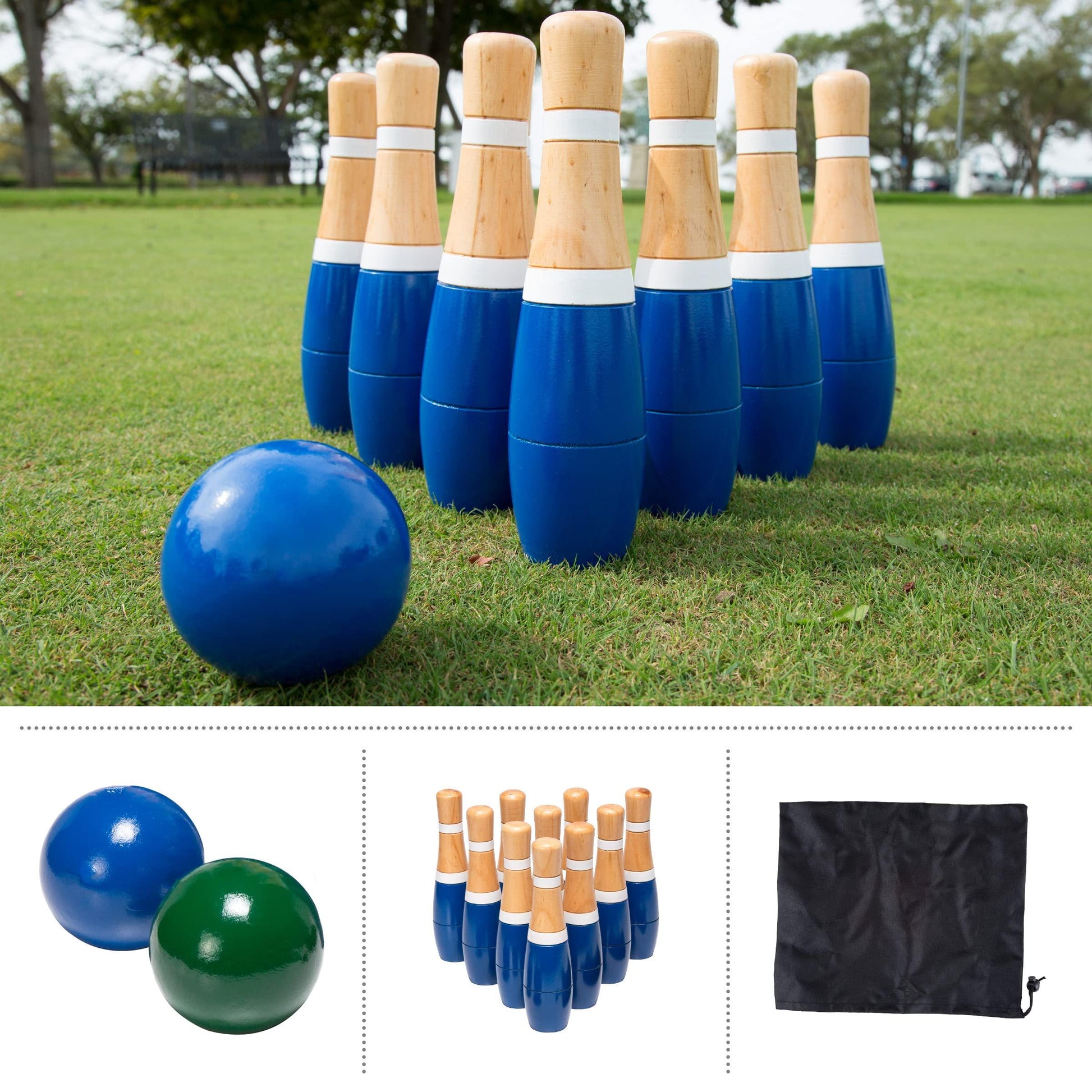 Backyard Lawn Bowling Game – Indoor and Outdoor Family Fun for Kids and Adults – 10 Wooden Pins, 2 Balls, and Mesh Carrying Bag by Hey! Play! (8-Inch), Blue & White - CookCave