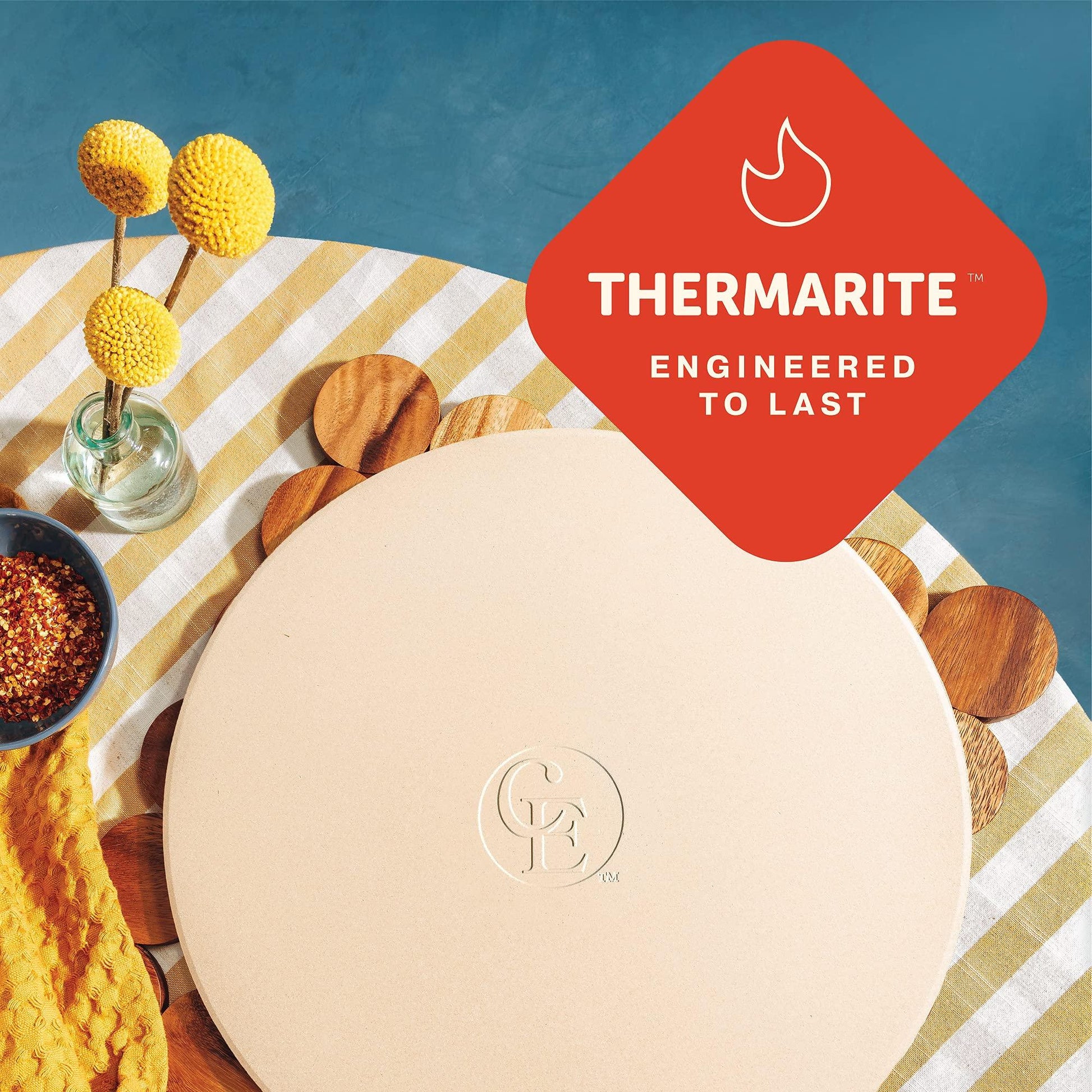 Cast Elegance Durable Thermal Shock Resistant Thermarite Pizza and Baking Stone for Oven and Grill, Includes Recipe E-Book & Cleaning Scraper, 16 inch Round, 5/8th inch Thick - CookCave