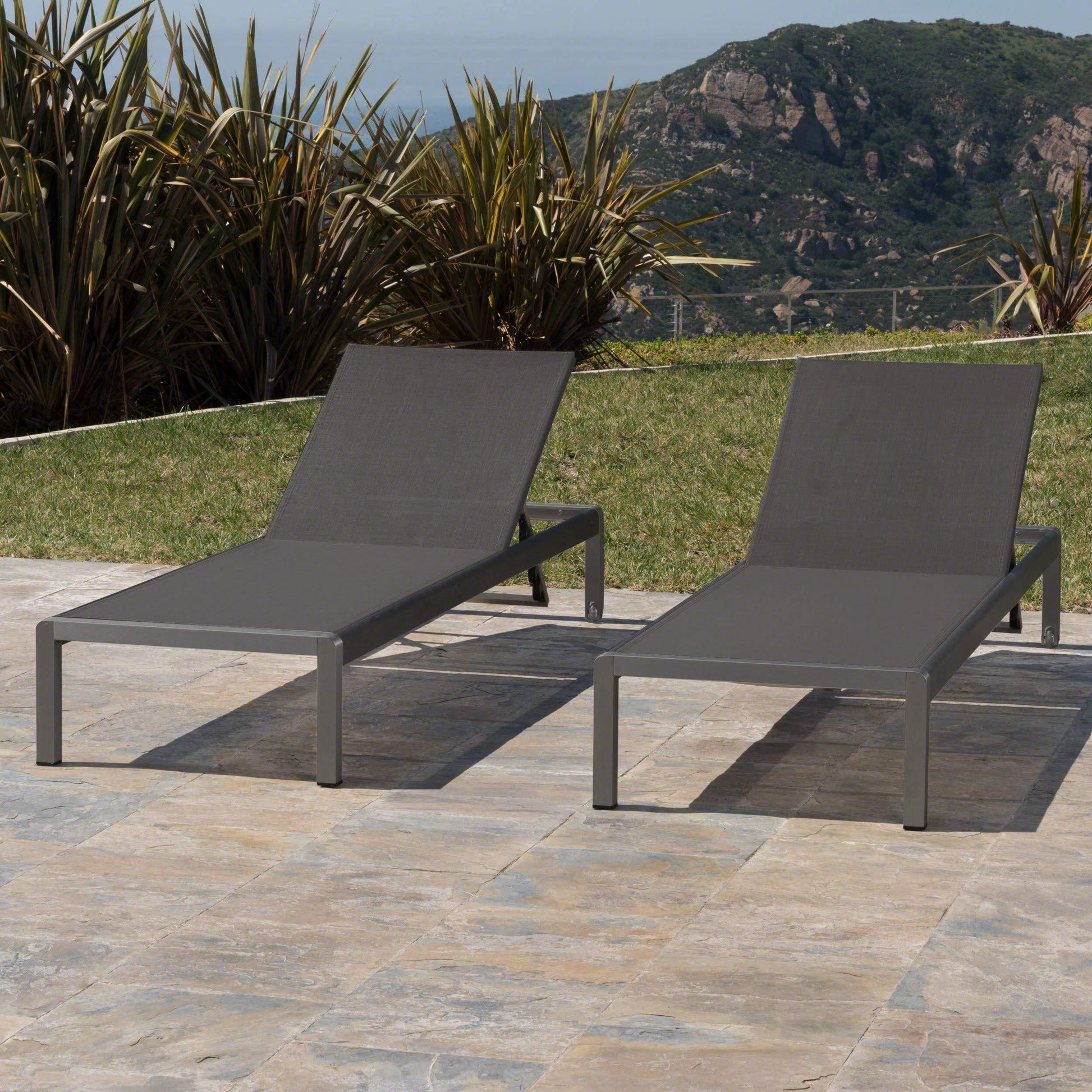 Christopher Knight Home Cape Coral Outdoor Aluminum Chaise Lounges with Mesh Seat, 2-Pcs Set, Grey / Dark Grey - CookCave